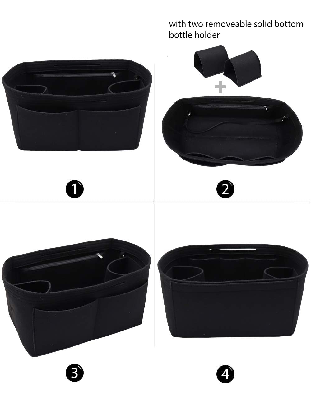 LEXSION Felt Purse Organizer Insert Zipper Pocket with Two Removeable Bottle Holder - Image 2