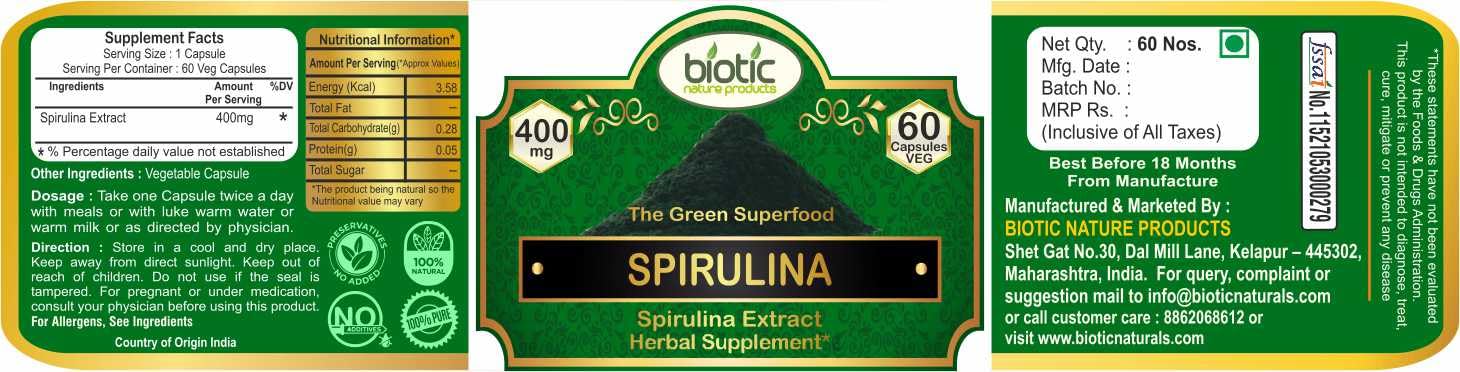 Biotic Organic Spirulina Capsules - Spirulina Capsule Extract 400mg - 60 Veg Capsules — Amazon image 2