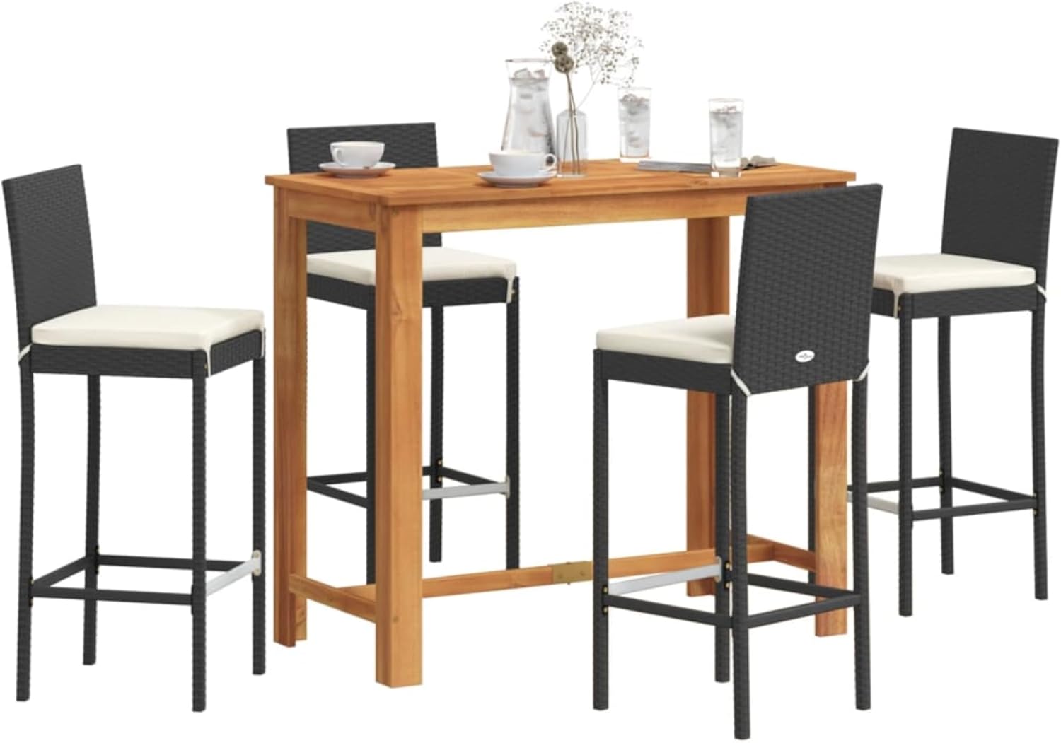 Casafoyer 5 Piece Patio Bar Set Black Solid Wood Acacia and Poly Rattan