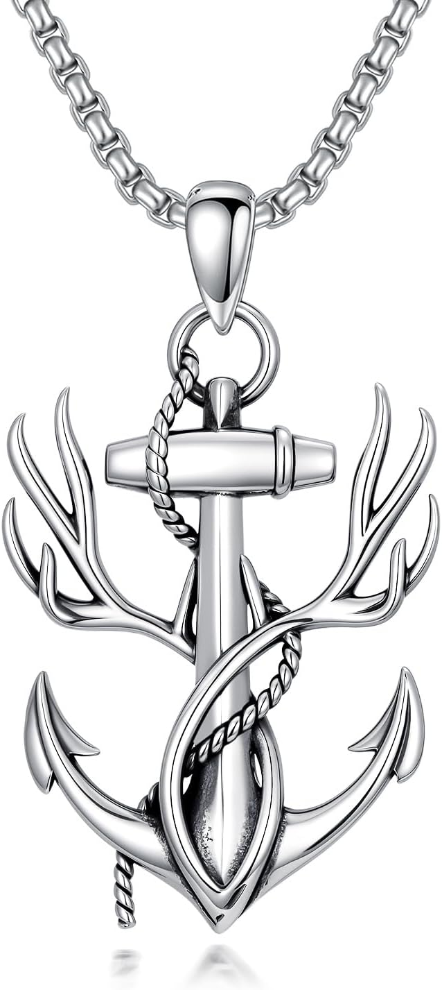 PROESS Fish Hook Necklace 925 Sterling Silver Deer Antler Hunting/Viking/Turquoise/Hawaii Skeleton Double Fishhook Pendant Fishing Necklace Hunting Jewelry Gifts for Men Women Fishing Lover