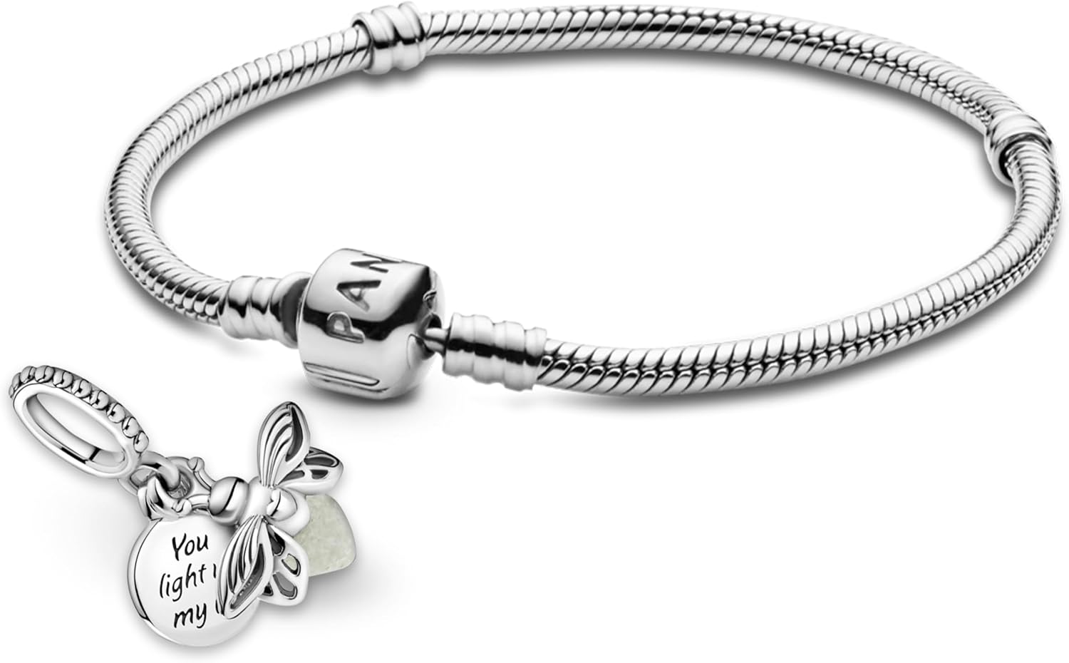 Pandora Jewelry Bundle with Gift Box - Glow-in-the-Dark Firefly Dangle Charm & Moments Sterling Silver Snake Chain Charm Bracelet with Barrel Clasp, 7.9" - Gift for Women