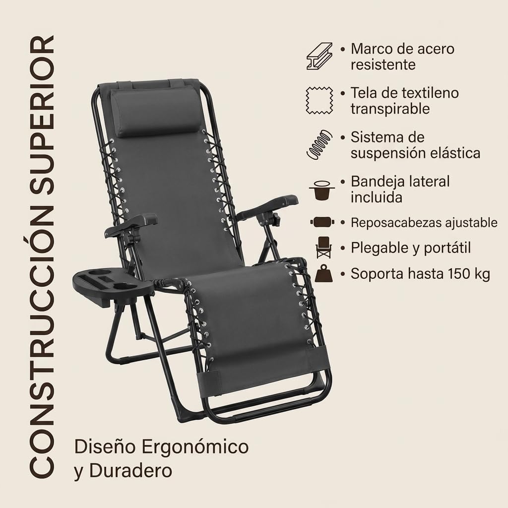 Weida Home Tumbona Plegable para Exterior | Reposapiés y Cojín Ajustable | Silla Reclinable Bandeja Lateral para Bebidas, Móvil y Libros | para Terraza, Camping, Playa, Piscina (Gris) - 5