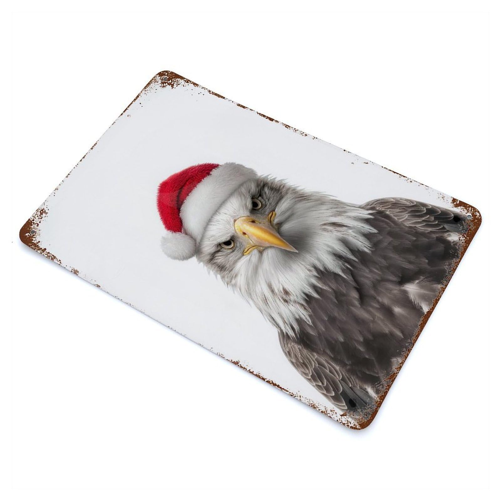 Distressed Metal Wall Sign with Bald Eagle with Santa Hat Design 11.8"x7.9", for Living Room, Hallway And Home Decor, Vintage Wall Decor