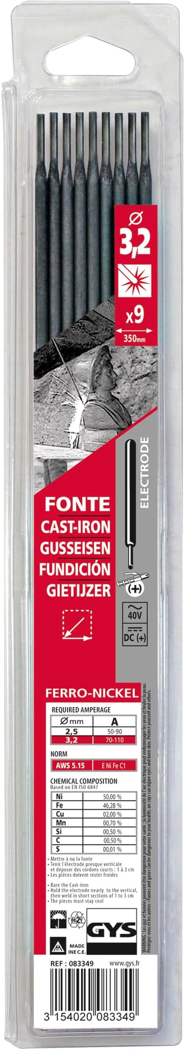 GYS Welding Electrodes 083349 9 CAST IRON ELECTRODES - Ø3.2 (BLISTER)