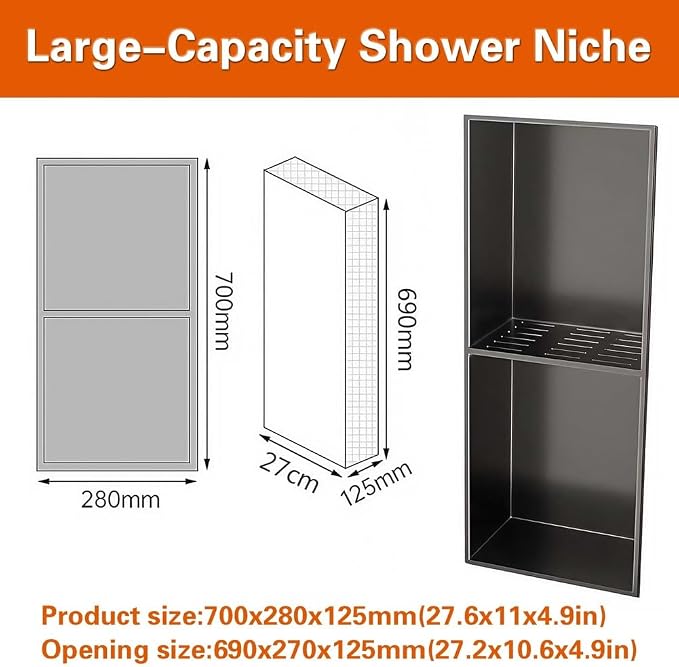 Paneles de ducha de acero inoxidable 304, gabinete de medicamentos metálico empotrado multicapa negro con orificio de drenaje, estantes duraderos para baño y cocina, solución de almacenamiento de 2 niveles miniatura 2
