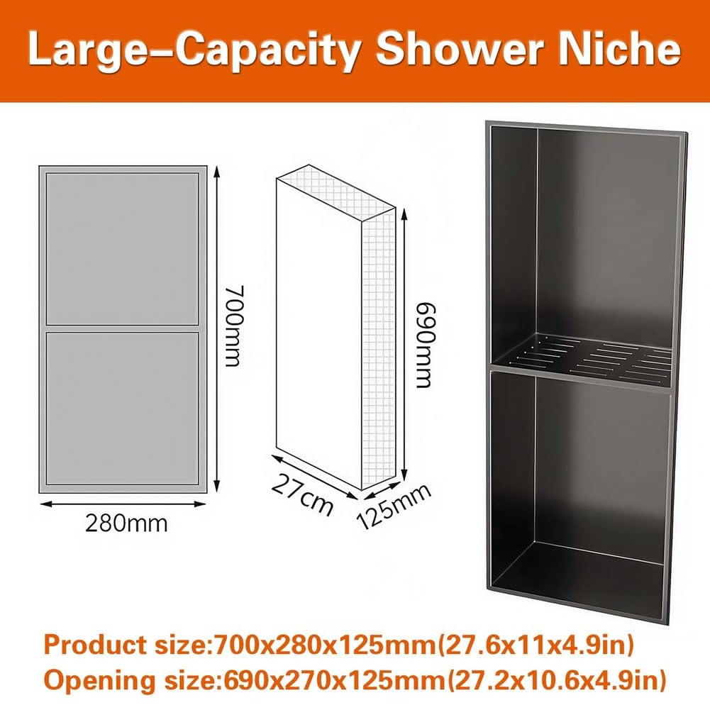 Paneles de ducha de Acero inoxidable 304, botiquín de Metal Negro multicapa empotrado con orificio de drenaje, estantes duraderos para baño y cocina, solución de almacena