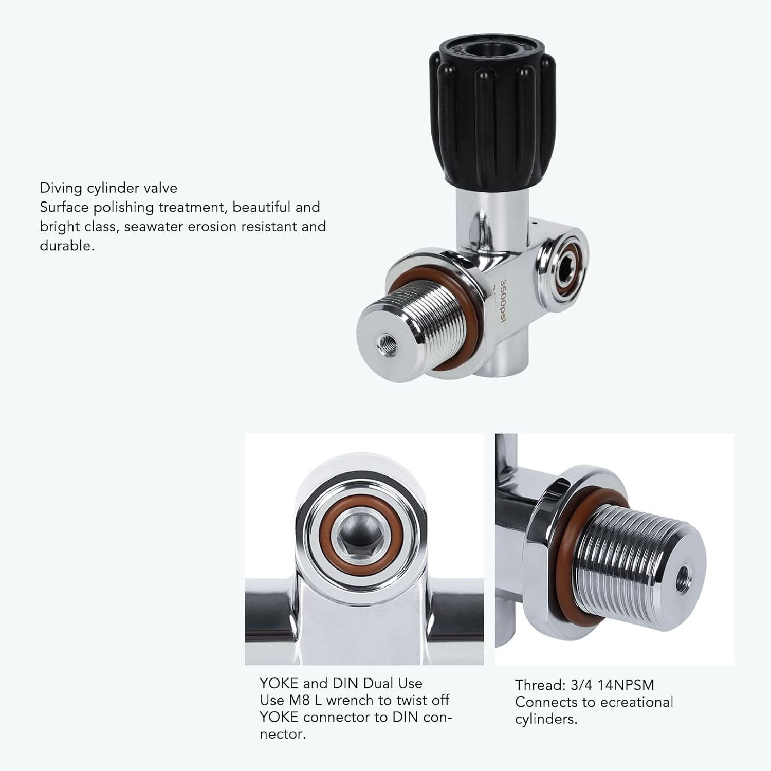 Scuba Diving Cylinder Valve G3/4 Chrome Plated Brass DIN YOKE Dual Use High Pressure Cylinder Valve for Fire Fighting Snorkeling