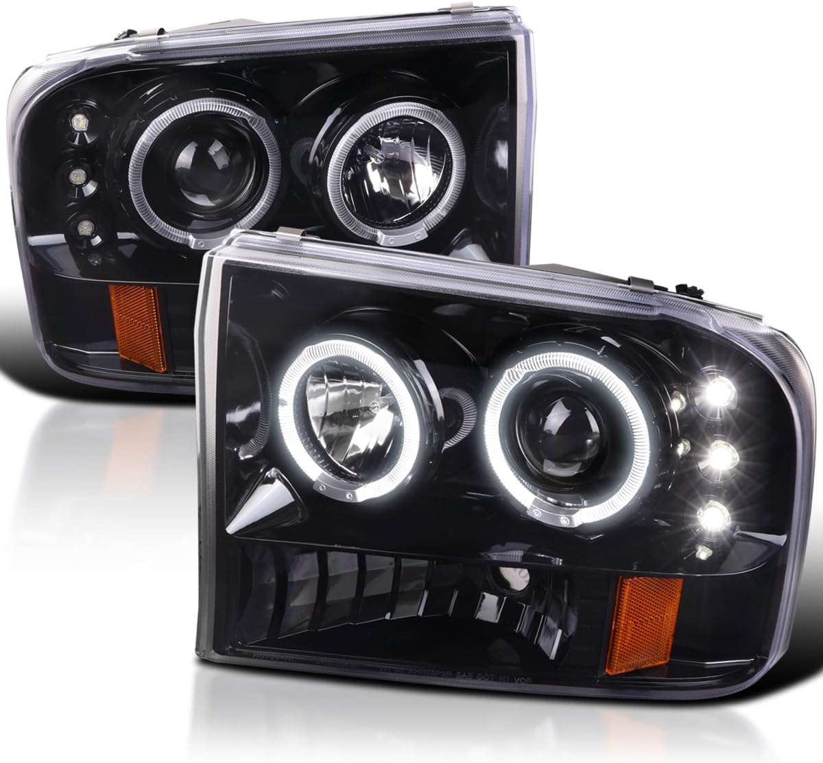 SPEC-D TUNING Jet Black LED Halo Projector Headlights Compatible with 1999-2004 Ford F250 / F350 / F450 / F550 Super Duty, 2000-2004 Ford Excursion US, Left + Right Pair Headlamps Assembly