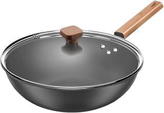Stainless Steel Wok with Lid, Wok Carbon Steel Flat Bottom, Frying Pan with Lid Frying Pan Nonstick, Multi- Cooking Wok