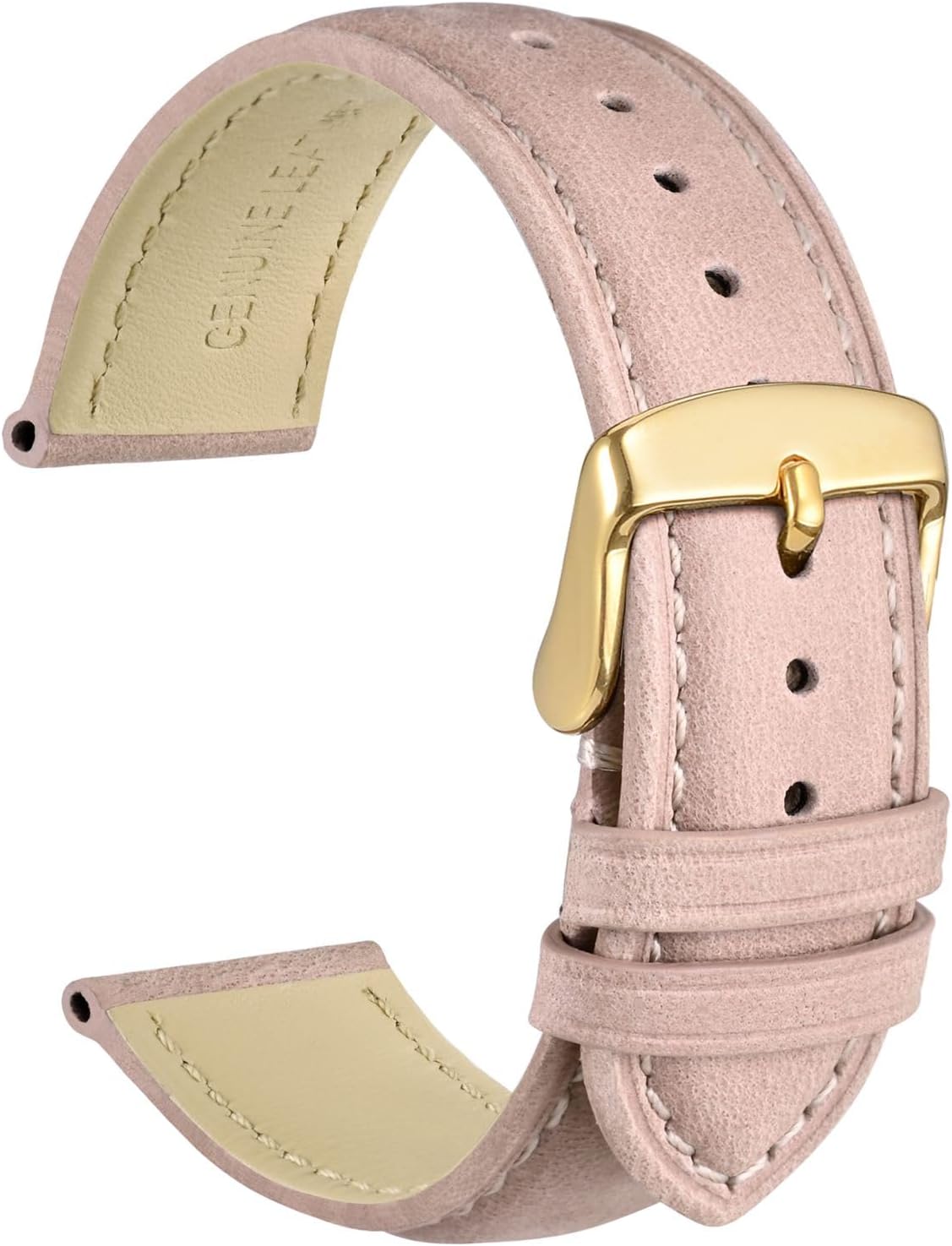 WOCCI 18mm Vintage Leather Watch Band for Men and Women, Gold Buckle (Pink)