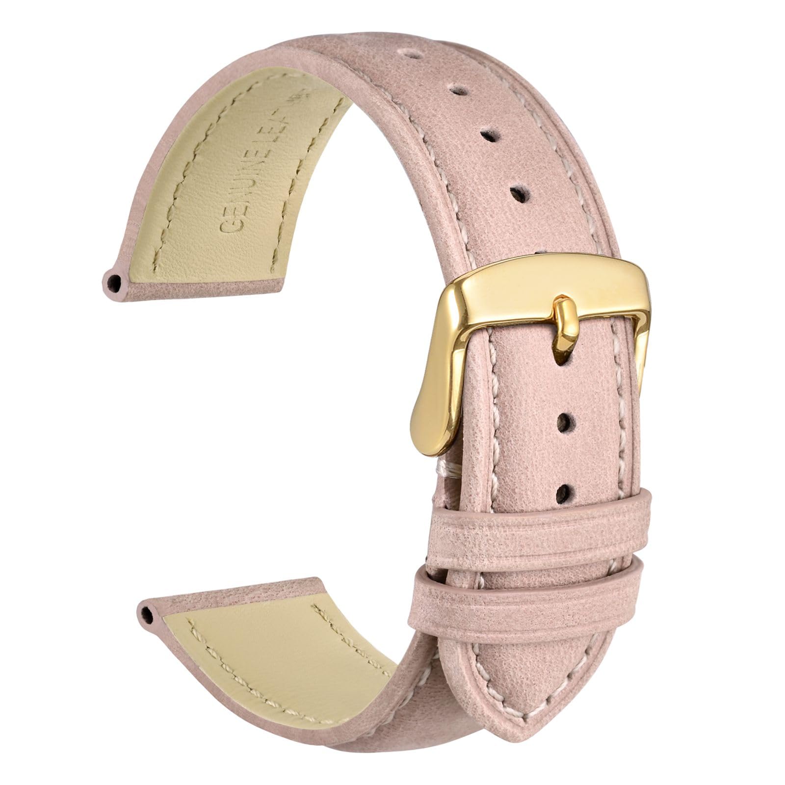 WOCCI 18mm Vintage Leather Watch Band for Men and Women, Gold Buckle (Pink)
