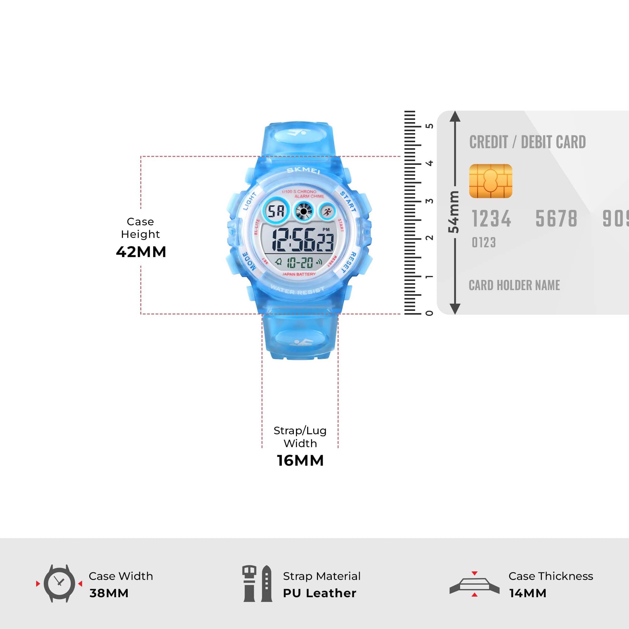 SKMEI Kids Sports Multi Function Digital Watch, White Dial Blue ABS Case Kid's Watch, Transparent Powder Blue Color PU Rubber Band, LED Light Children Wristwatches for Boys Girls-1451 (PowderBlue) 4