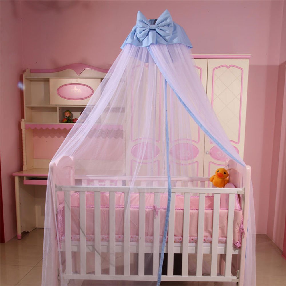 RuiHome Baby Bed Mosquito Net Crib Hanging Dome Canopy Netting with Blue Bowknot Fits Cradle Cot Boys Girls Nursery Bedroom Decor, H-239