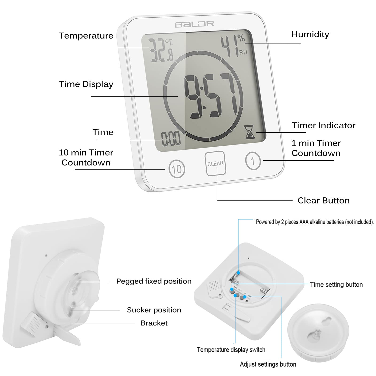 Reloj de Baño, Humedad Digital Temperatura Reloj Digital Reloj Temporizador Pantalla LCD Impermeable Control Táctil Alarma Temporizador para Baño de Cocina (Blanco)