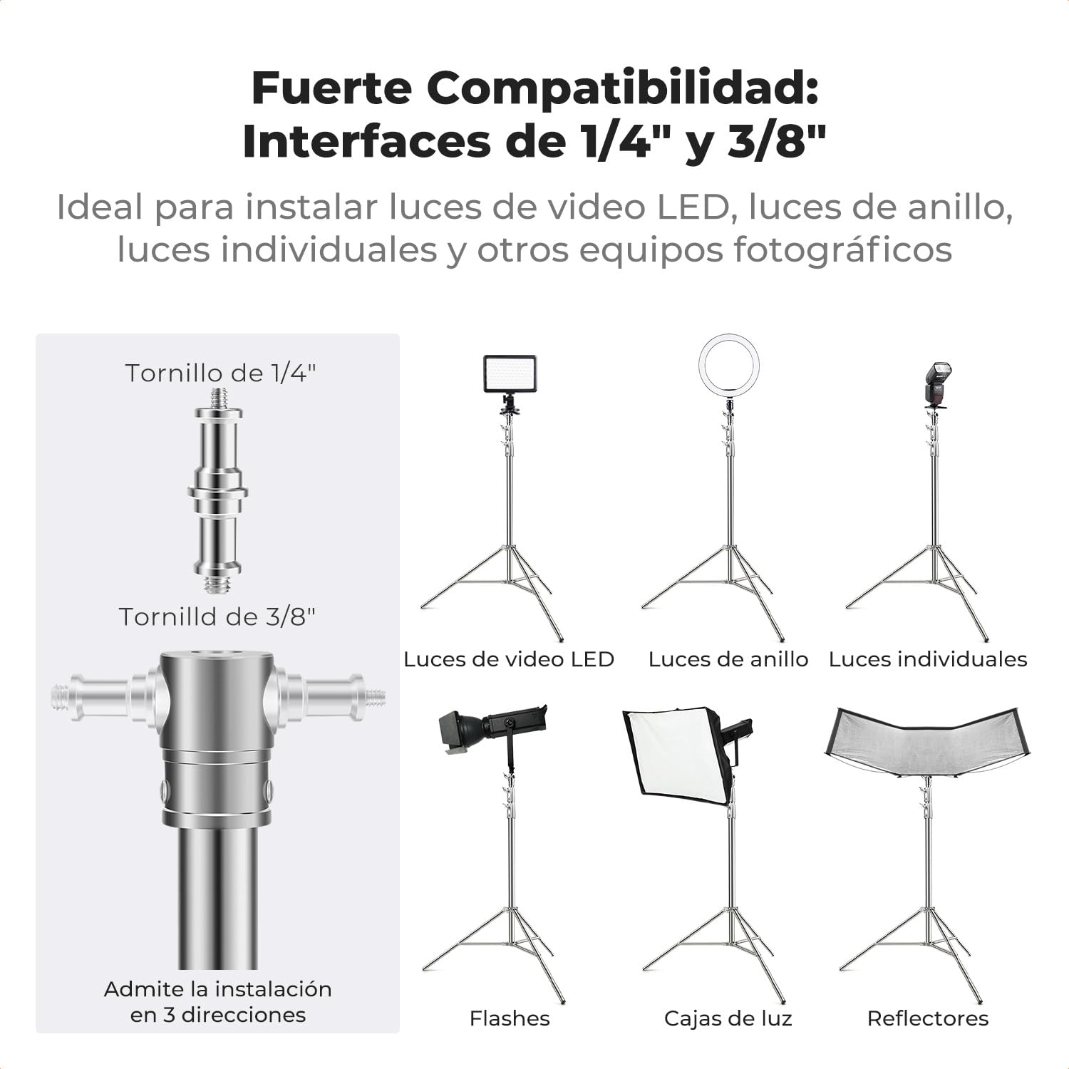 K&F CONCEPT 280cm Soporte de luz de Resorte de Acero Inoxidable, Soporte de luz de fotografía Plegable, Soporte de Alta Resistencia con Adaptador de 1/4'' & 3/8", Last 10kg