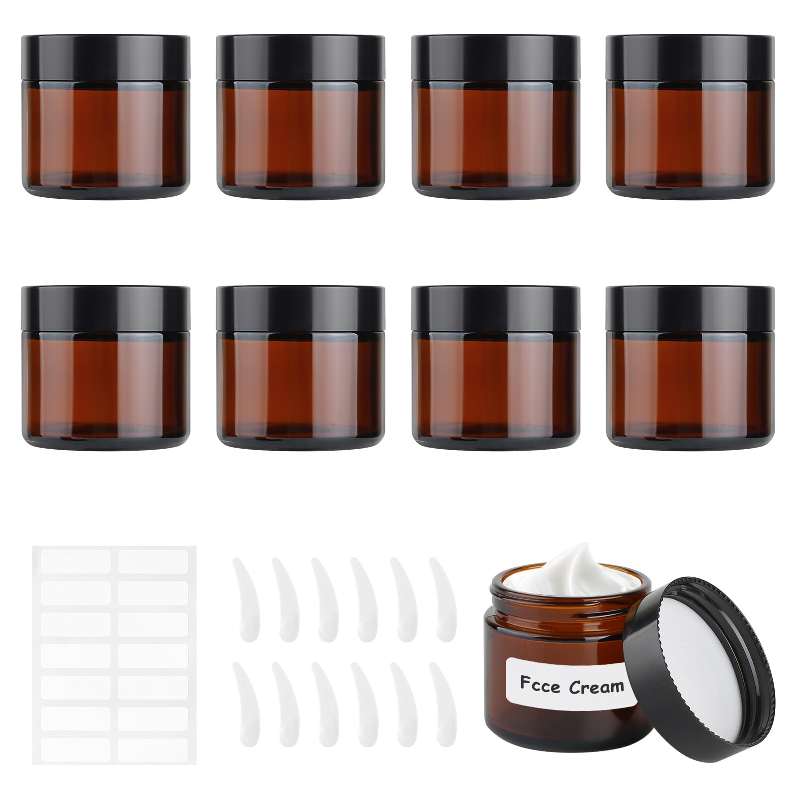 MirraSwit 8 Pcs Brown Glass Jars 60ml, Glass Cosmetic Jars with Label Stickers, Scraping Spoons, Travel Pots with Lids for Cosmetics, Lotion, Creams