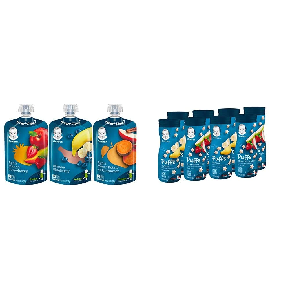 Gerber Baby Food Pouches, Toddler Snacks Variety Pack (18 Count) | Gerber Baby Snacks Puffs Variety Pack (8 Count)