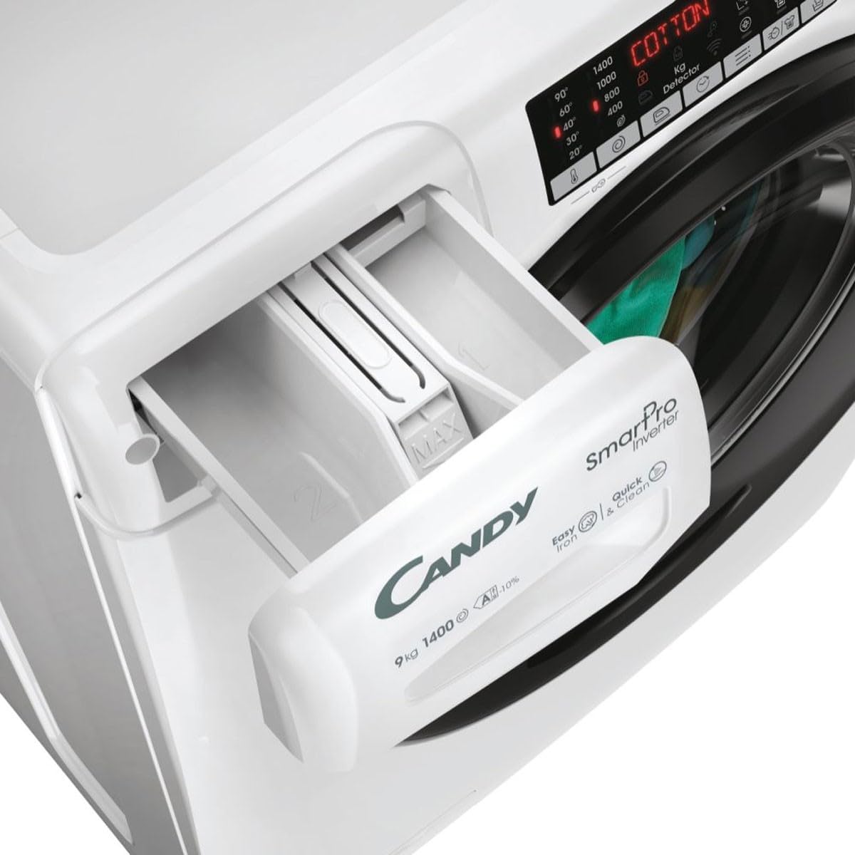Close-up of the Candy washing machine detergent dispenser