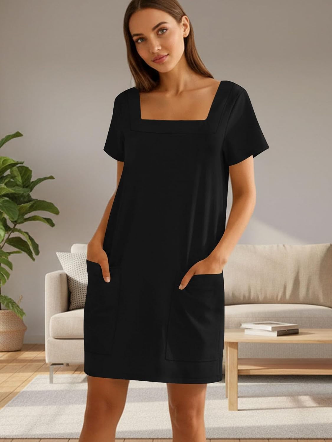 Naggoo Women Summer Sundresses Short Sleeve Square Neck Shift Tshirt Mini Dress with Pockets - Image 4