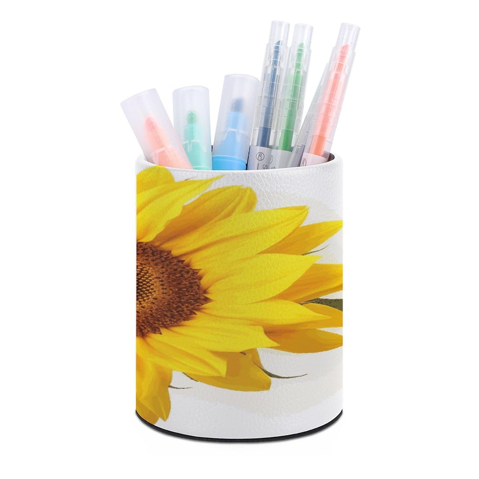 LDGSUPH Sunflower Isolated Round Pen Holder Leather Pen Cup Pencil Cup Pen Organizer Pencil Holder for Desk Organizer Pencil Organizers Makeup Brush Holders for Home Office Gift