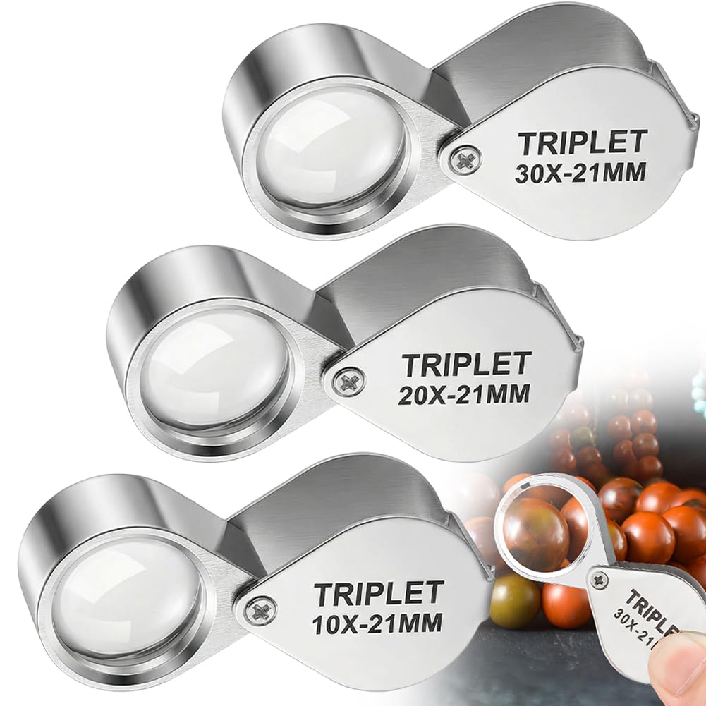 3 Pack Jewelers Loupe 10X 20X 30X Magnification - Foldable Pocket Magnifier with Metal Case for Jewelry Appraisal, Coin & Stamp Collection, Watch Repair