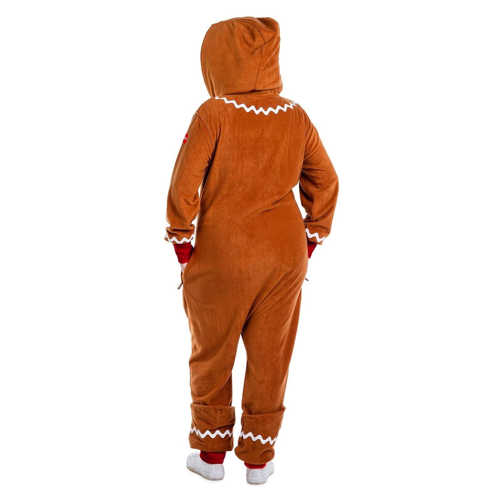 Anuedgis Christmas Gingerbread Man Costume Adult Funny Long Sleeve Hooded One Piece Jumpsuit for Xmas Cosplay Theme Party (A-Brown Women - Image 2