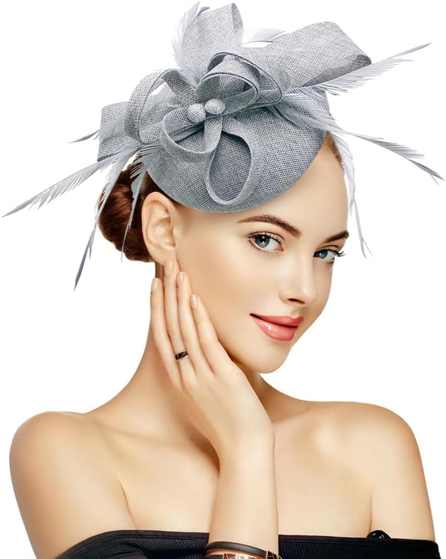 Specell Women's Handmade Tea Party Fascinator Hat, Pillbox Derby Hat with Feather Hair Clip, Elegant Formal Fashion Headwear.