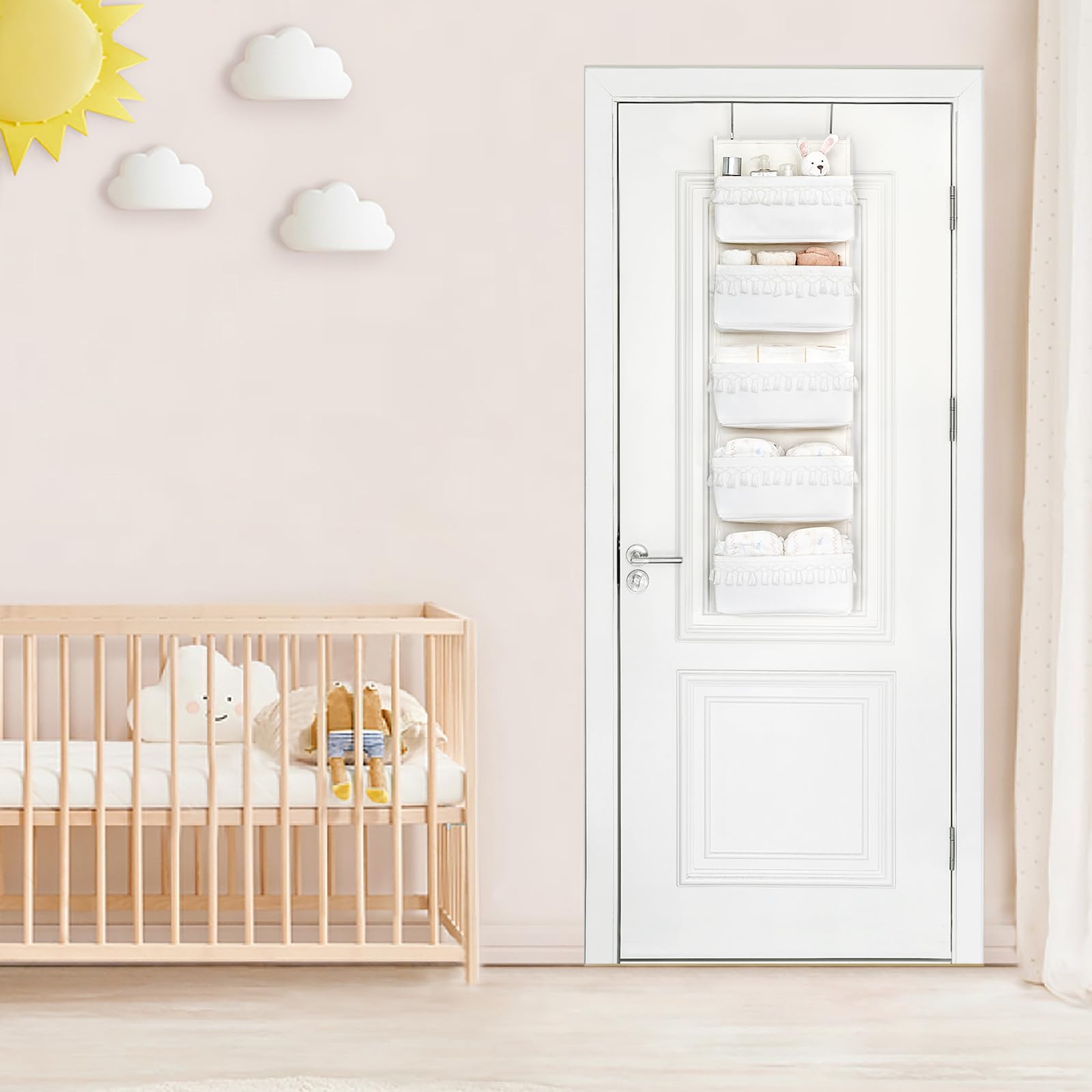 Organizer Da Appendere Sopra La Porta – Stile Bohémien Con Nappe – 4 Tasche In Tela Di Cotone, Bianco/grigio – Per Bagno, Camera, Dispensa, Dormitorio