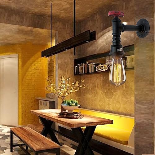 Miniatura 2 de Lámpara de pared de tubo de agua rústica, 2 piezas, aplique de pared industrial Steampunk, lámpara de pared de metal negro retro, lámpara de pared