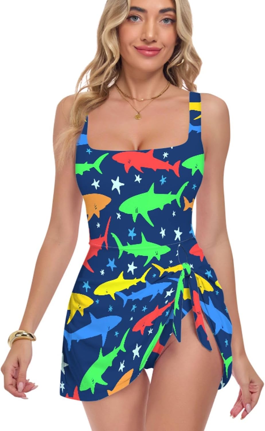 Ocean Shark Starfish Color Blue Women's One Piece Swimsuits Tummy Control Bathing Suits S A2303185