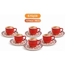 6 Ki ilik T rk Kahvesi Fincan  Tak m ,12 Par a,90 ml Seramik Set,Mikrodalga/Bula k Makinesine Uygun K rm z