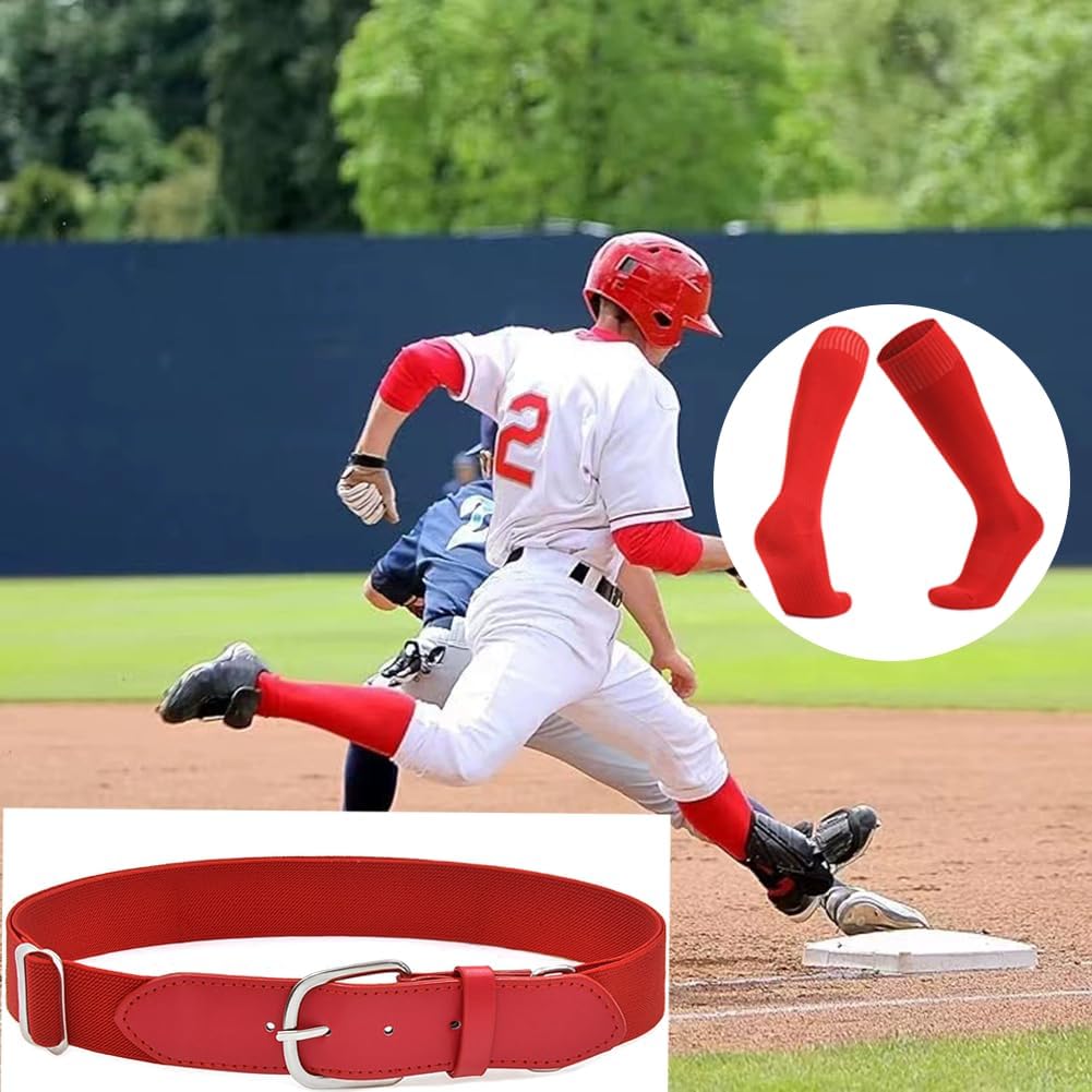 VASANA Baseball-Socken und Gürtel, verstellbar, Softball-Socken, elastisches Polyurethan-Leder, Hüftgürtel, Sport-Zubehör für Unisex-Jugendliche (geeignet für Schuhgrößen 26–34 EU/18–22 cm), rot, S