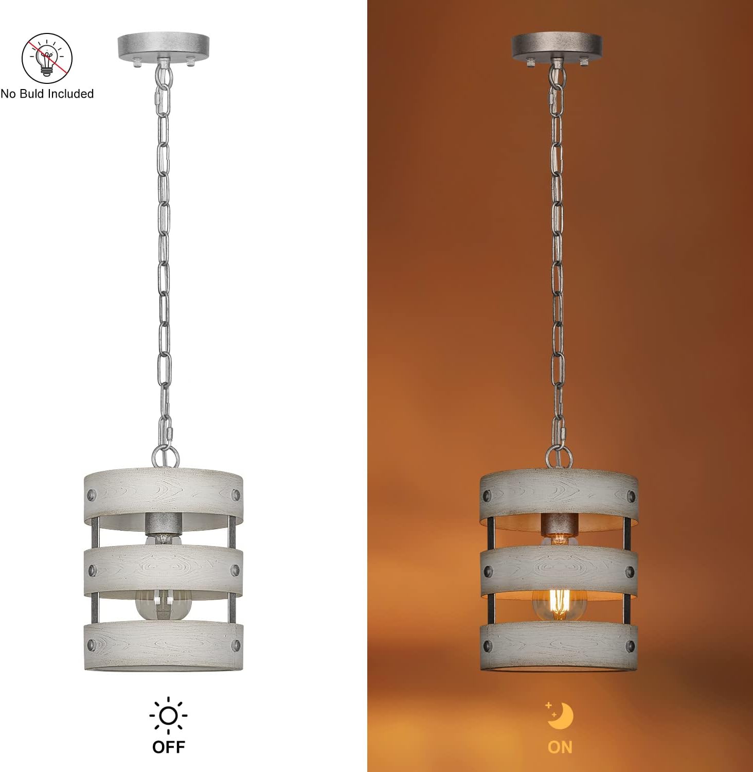 Rustic Pendant Light Fixtures, Farmhouse Kitchen Wood Hanging Lighting, Industrial Round Cage Chandelier for Entryway Hallway Dining Room Bedroom Foyer