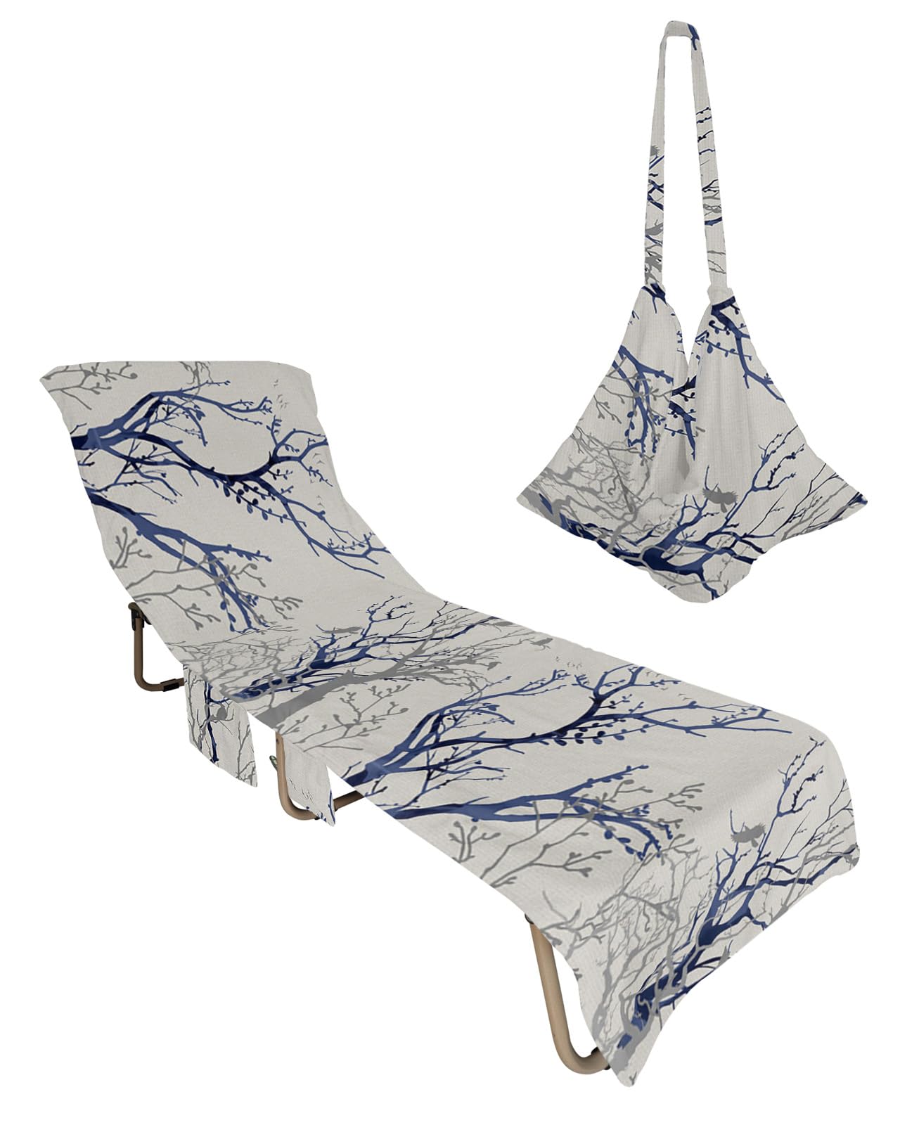 Branches Birds Beach Chair Towel Covers for Chaise Lounge with Side Pocket, Soft Plush Pool Towels Cover for Patio Sunbathing Outdoor 29''x85'' Abstract Contemporary Watercolor