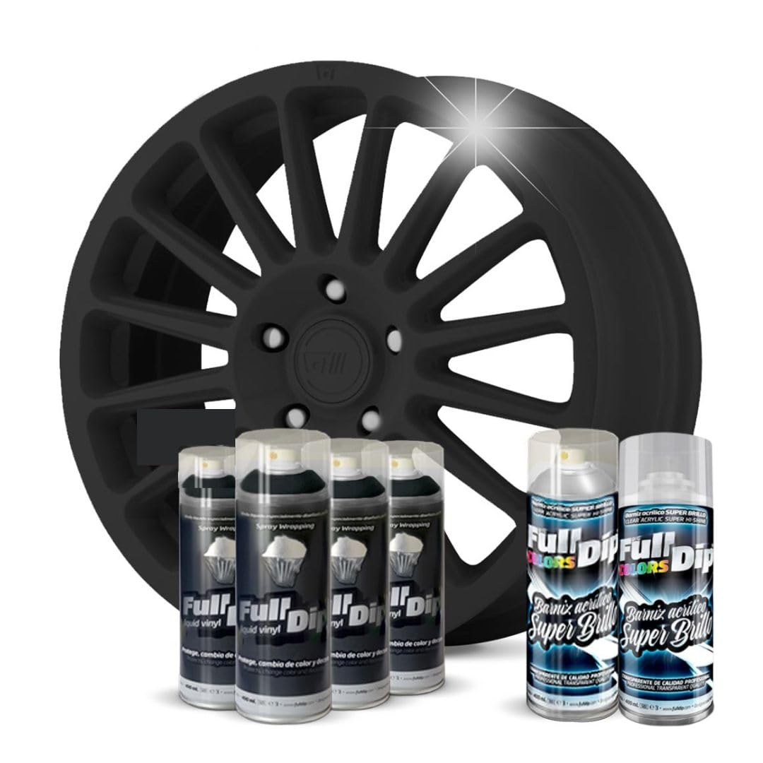 AutoFullCar - Pack Llantas Coche - Negro Extra Brillo - 4 Sprays Negros 2 Sprays Acabado Brillo - Vinilo Líquido Full Dip - 400 ml. Unidad - Wrapping