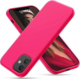 CALOOP Liquid Silicone Case Designed for iPhone 12 Case and iPhone 12 Pro Case, Full Body Protective Covered Soft Gel Rubber Slim Shockproof Cover Case with Microfiber Lining, 6.1 inch (Hot Pink)