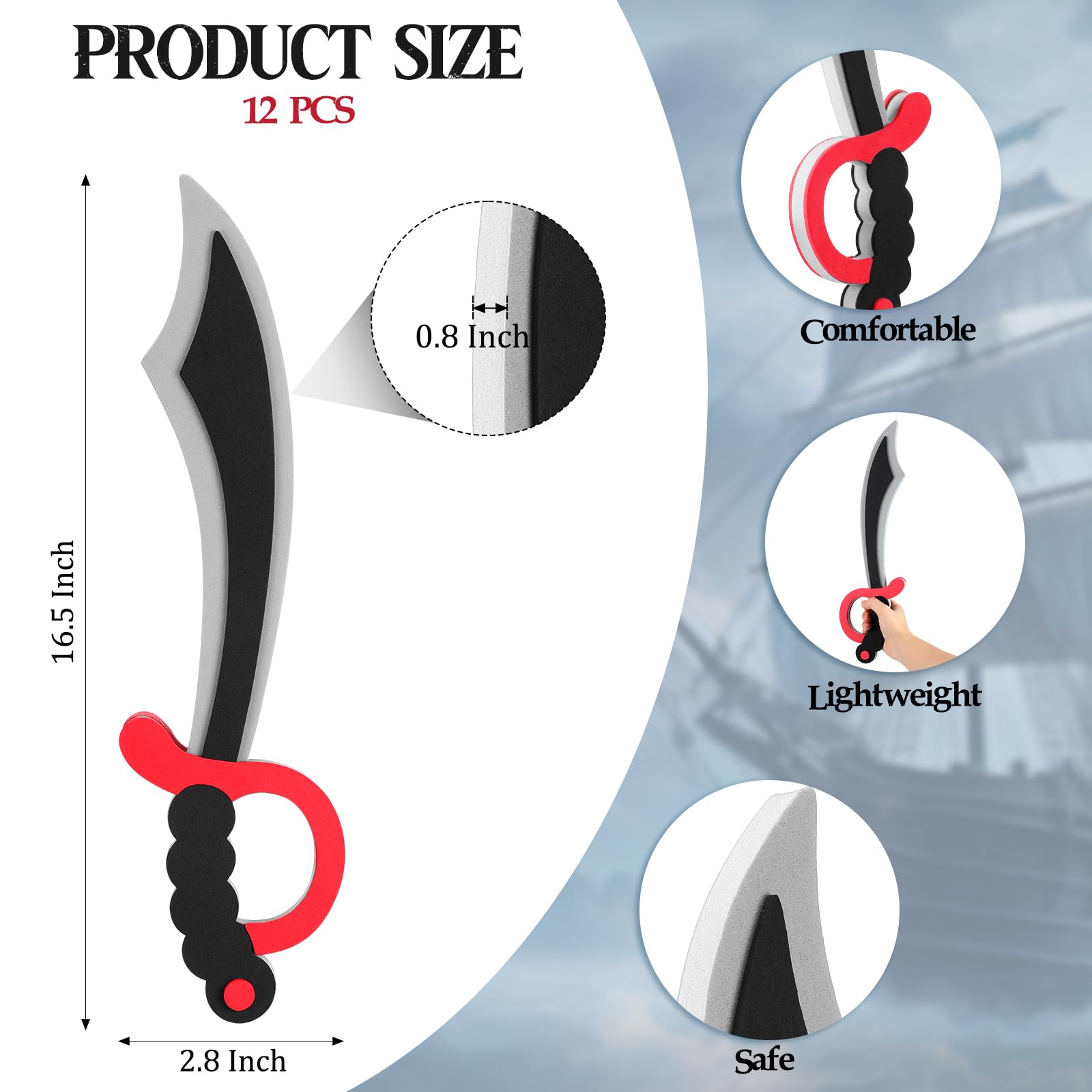Shappy 12 Pcs 16.5 Inch Foam Swords Fake Sword Toys Cosplay Sword Bulk Sword Prop Cosplay Weapon Prop for Dress Up Accessories Parties Role Play (Pirate Sword)