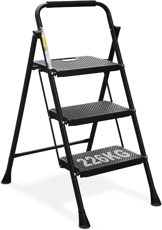 HBTower 3 Step Ladder, Folding Step Stool with Wide Anti-Slip Pedal, Sturdy Steel Ladder, Convenient Handrail, Lightweight, Portable Steel Step Stool
