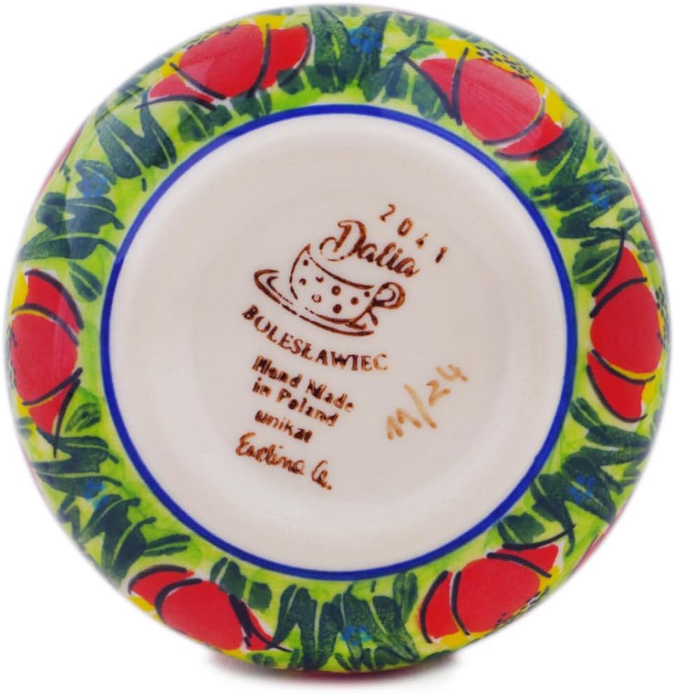 Polmedia Polish Pottery Sugar Bowl 10 oz - Red Poppy Wreath Pattern Handmade in Boleslawiec Poland + Certificate of Authenticity