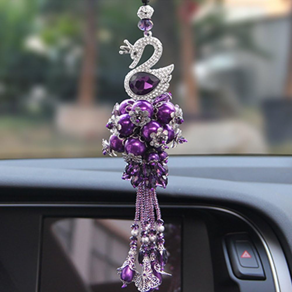 BabYoung Handmade Crystal Bead Decorative Glass Swan Car Pendant Hanging Ornament Car Interior Accessories Mirror Decoration Purple