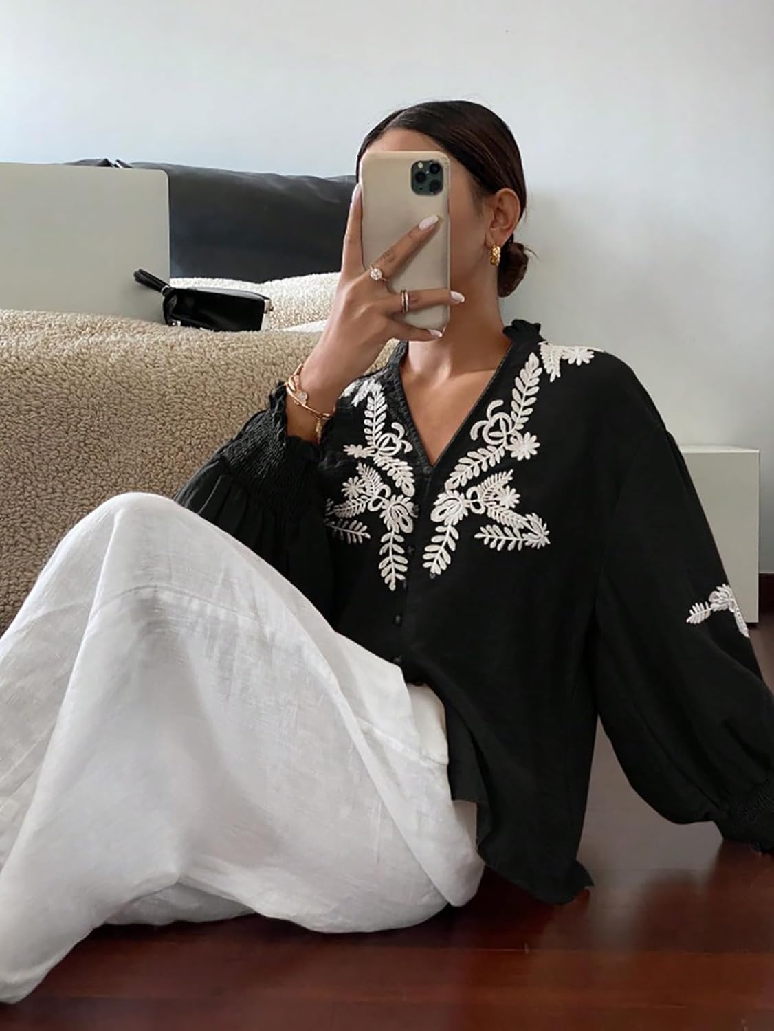 Women's Embroidered Puff Sleeve Blouse, Vintage Floral Boho V-Neck Button Down Shirts with Smocked Cuffs - Image 6