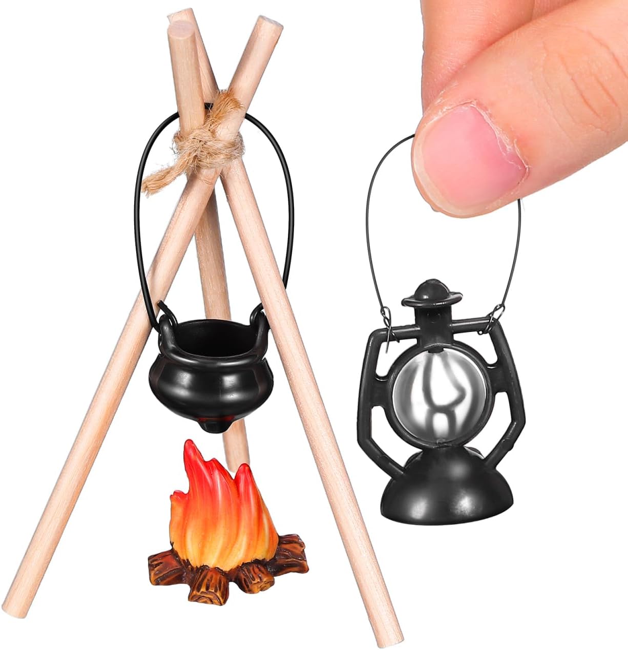 VOSAREA Miniature Camping Dollhouse Accessories, 1/12 Scale Miniature Campfire Bonfire Set with Hanging Cooking Pot and Oil Lamp, Pretend Camping Set Model for Micro Landscape Photography Props