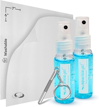Sparkle Anti-Reflective Safe Gel Lens Cleaner & Repair Kit 2 1oz Glasses Cleaner Spray, 2 Microfiber Cloth & Keychain Screwdriver for Eyeglasses, Lenses & Screens 5 Piece Set
