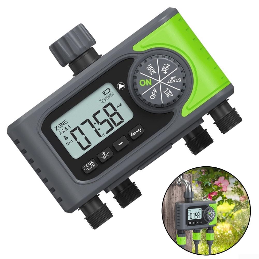 Sistema di irrigazione automatico a 4 zone per tubo da giardino con programmazione app e supporto sensore meteorologico a bordo