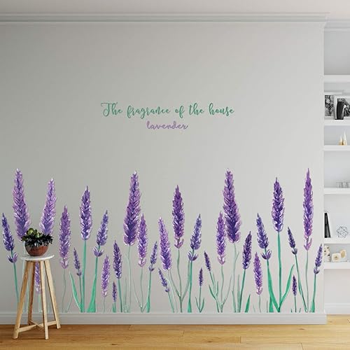 Miniatura 3 de Amaonm - Calcomanía de pared removible de lavanda morada, flores frescas con letras para pared, despegar y pegar, decoración artística para niños,