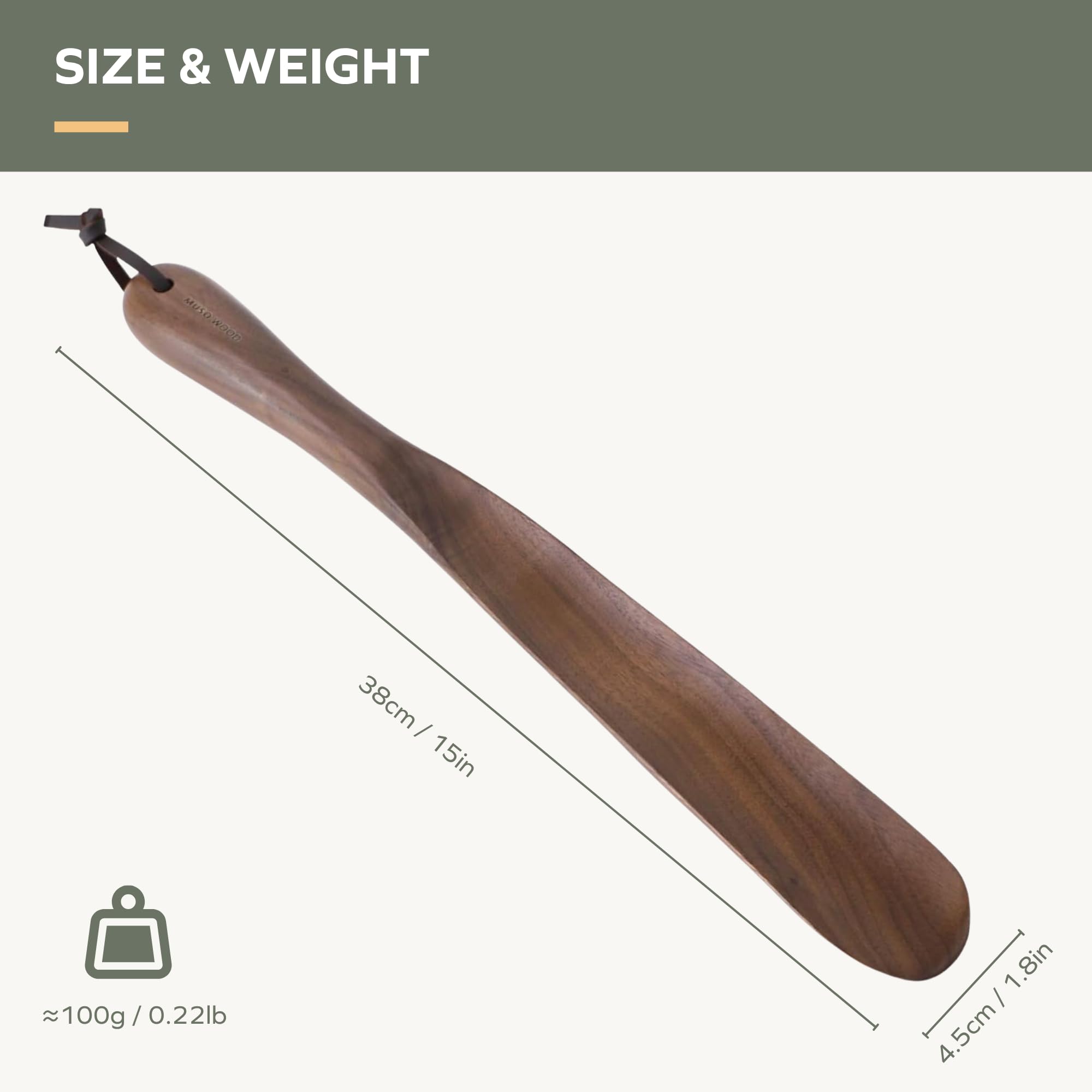 Muso Wood Chausse-pied en bois de noyer à long manche (38,1 cm) pour hommes, femmes, enfants, personnes âgées, grossesse