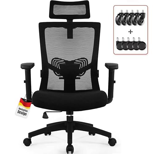 Daccormax Bürostuhl Ergonomisch, Schreibtischstuhl mit Verstellbarer Kopfstütze, Armlehnen, Lendenwirbelstütze, Drehstuhl Wippfunktion bis 135°, Chefsessel aus Mesh,Rückenschonend, Bürostuhl 150kg