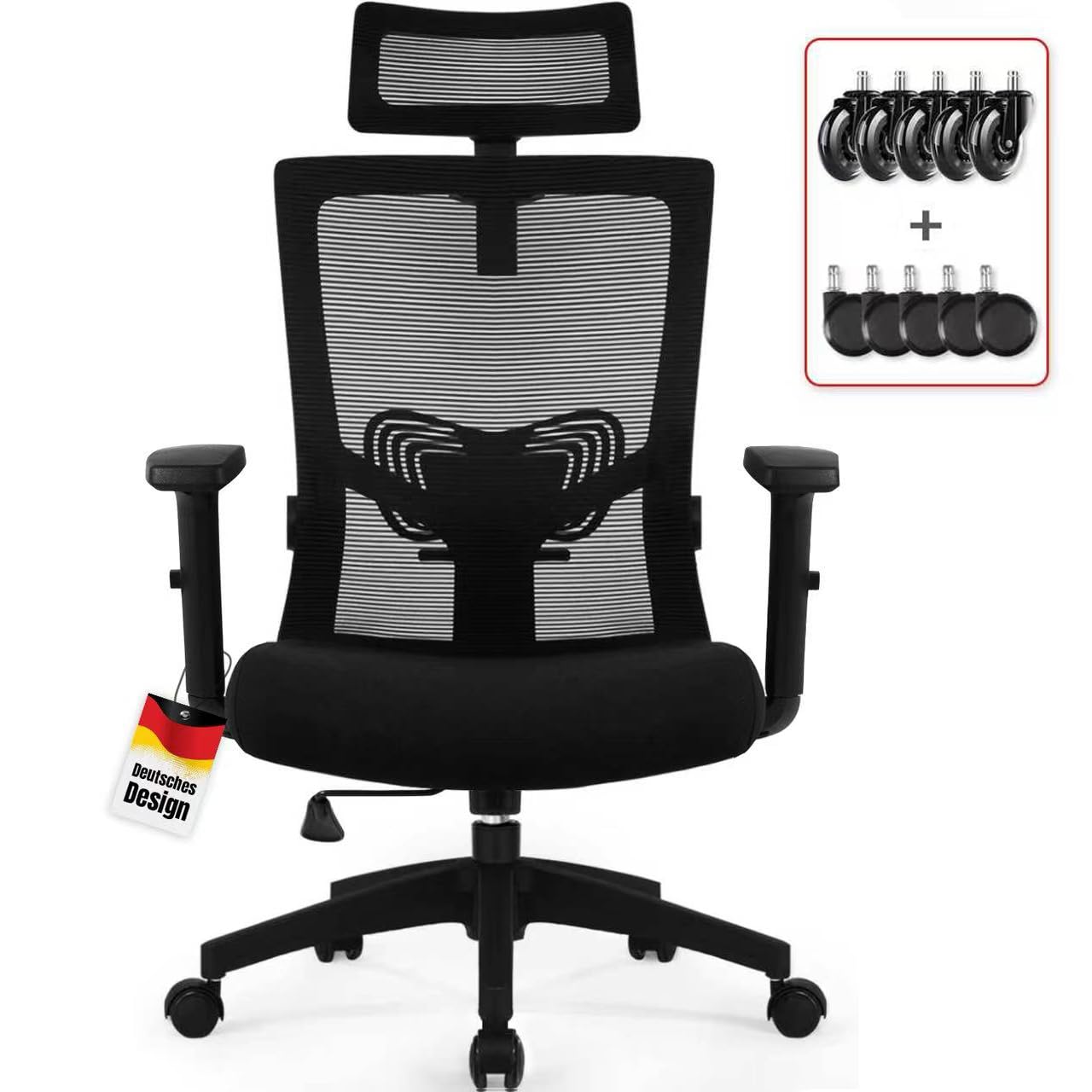 Daccormax Bürostuhl Ergonomisch, Schreibtischstuhl mit Verstellbarer Kopfstütze, Armlehnen, Lendenwirbelstütze, Drehstuhl Wippfunktion bis 135°, Chefsessel aus Mesh,Rückenschonend, Bürostuhl 150kg
