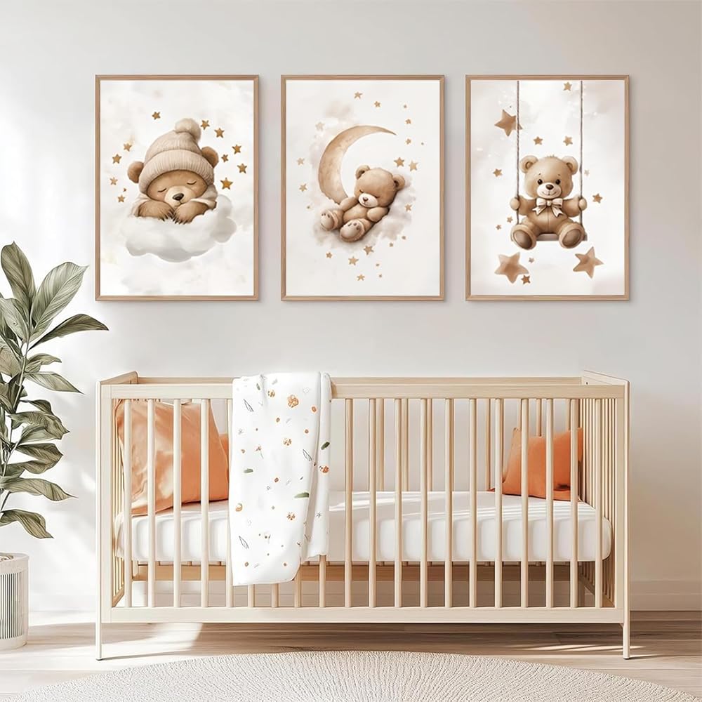 3 Affiche Ourson Chambre Bebe 30X40CM Poster Nounours Beige Tableau Decoration Murale Enfant Garcon Ours Toile Ourson Bebe Beige Affiche Enfant Garcon Ours Nounours Chambre Cadeau sans Cadre