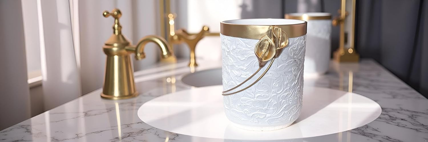 Decorative Trash Can Elegant Resin Carved Waste Basket 8"x10" Trash Bin Decor Garbage Can for Office Bathroom,Bedroom,Livingroom 8L/2.2Gallon(Gold&White)
